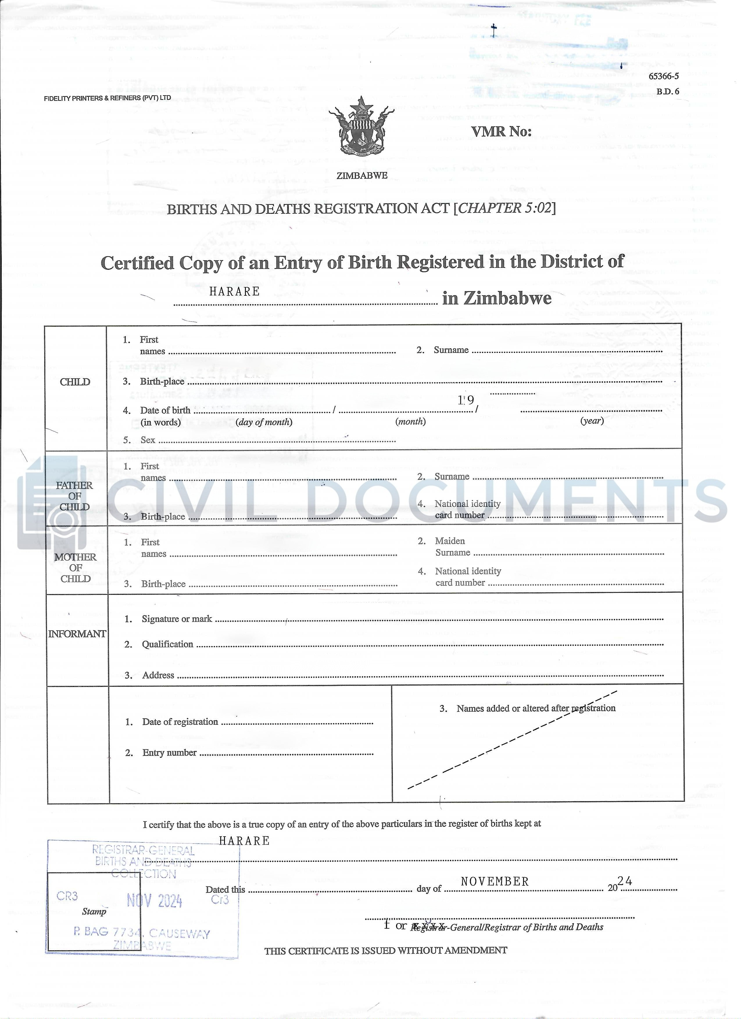 Zimbabwe Birth Certificate