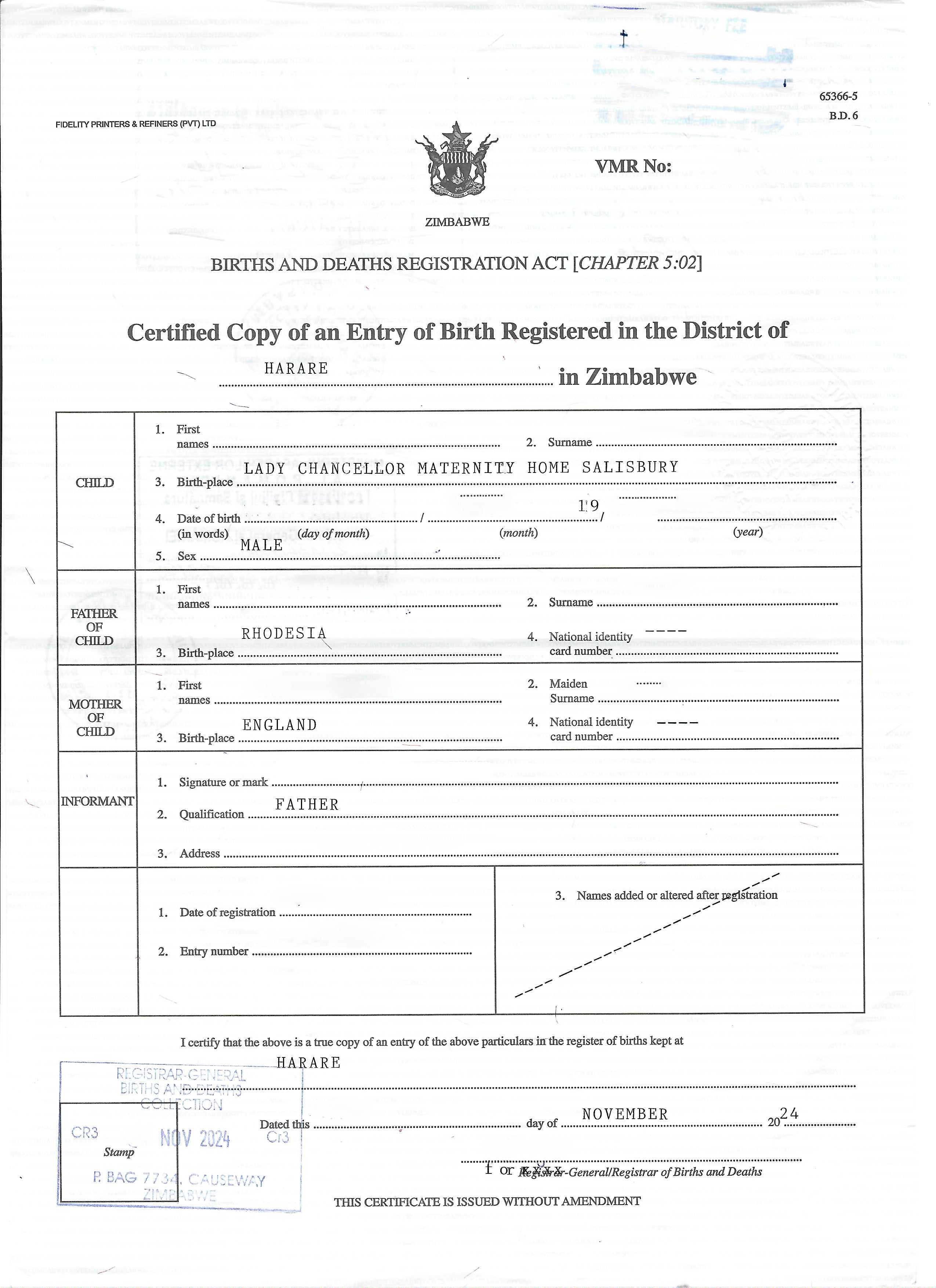 Zimbabwe Birth Certificate