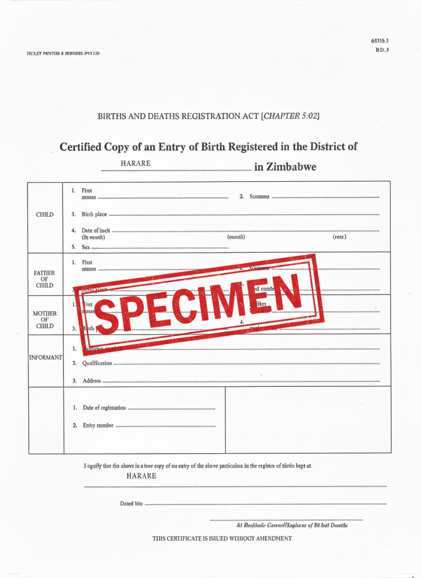 Zimbabwe Birth Certificate